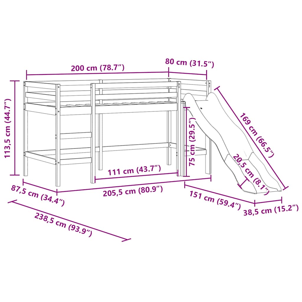 Cama alta p/ criança c/ escorrega 80x200 cm pinho maciço branco