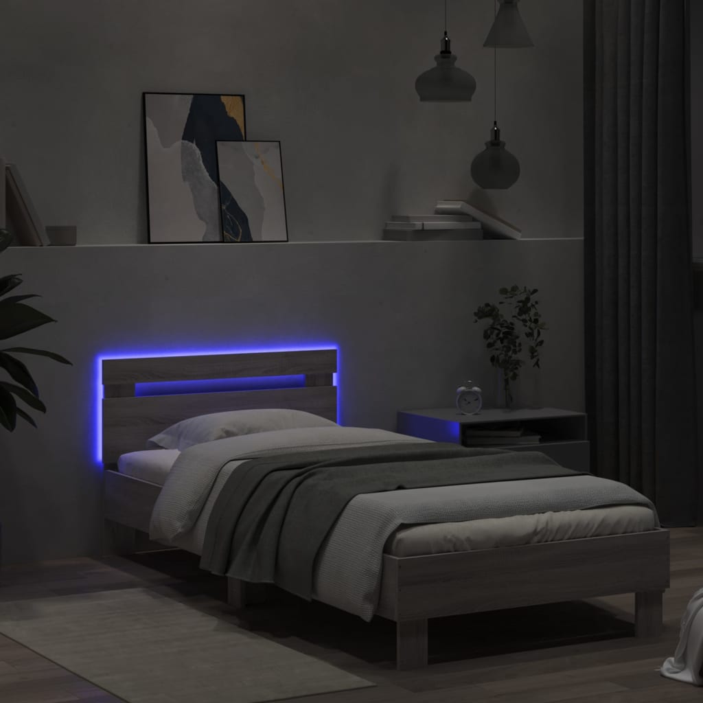 Estrutura de cama c/ cabeceira/luzes LED 90x190 cm cinza sonoma