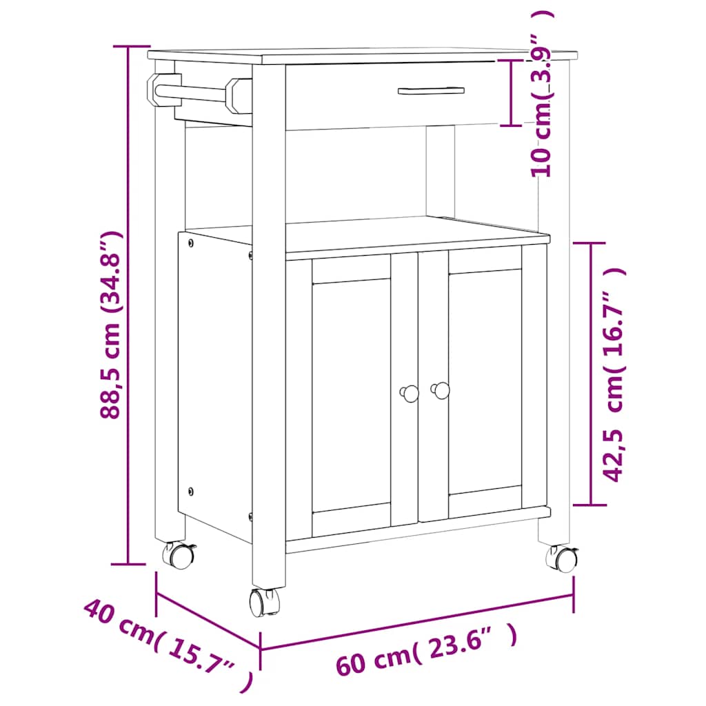 Carrinho de cozinha MONZA 60x40x88,5 cm madeira de pinho maciça