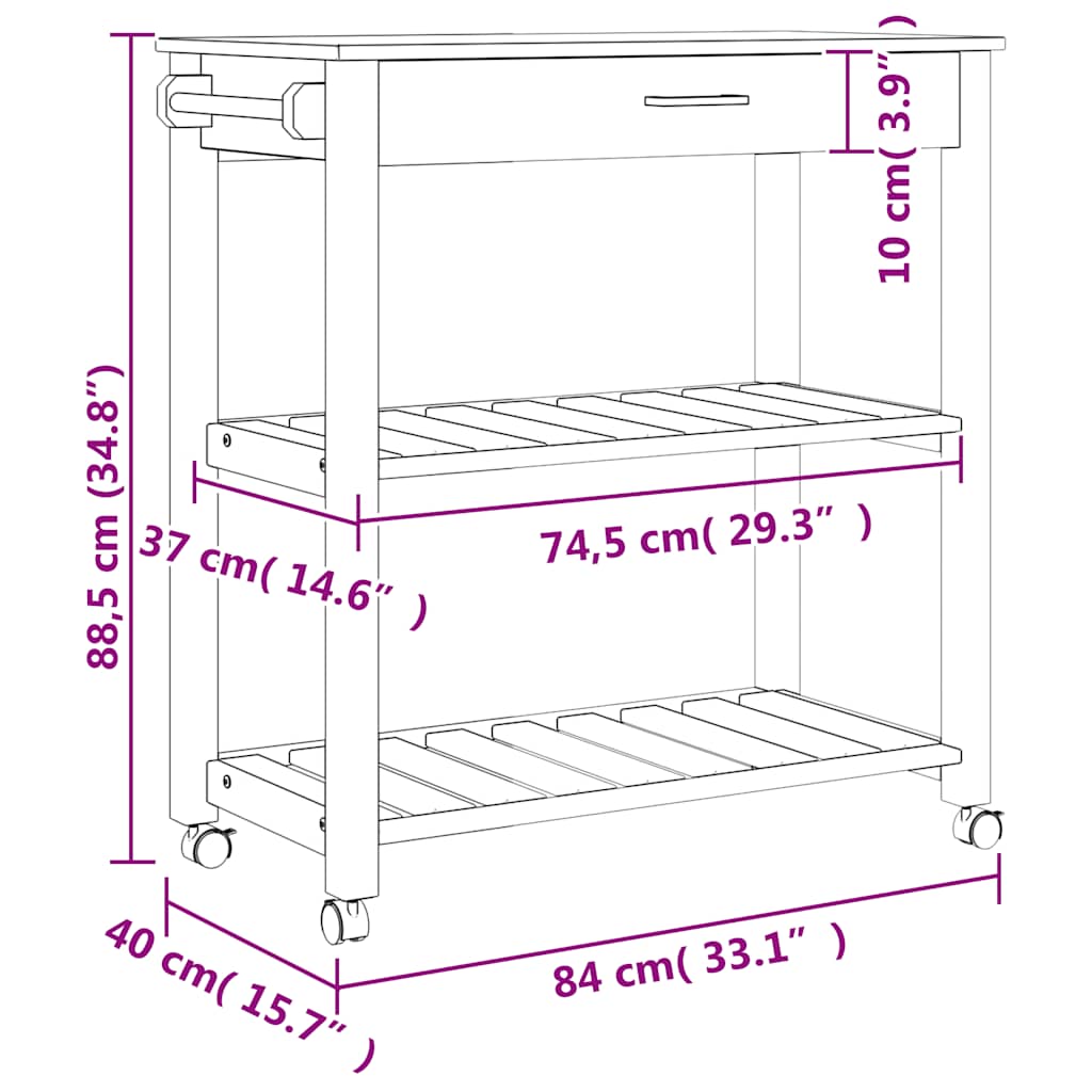 Carrinho de cozinha MONZA 84x40x88,5 cm madeira de pinho maciça