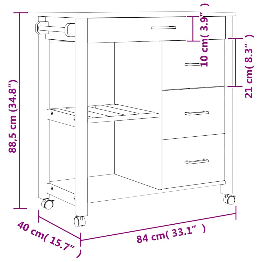 Carrinho de cozinha MONZA 84x40x90 cm madeira de pinho maciça