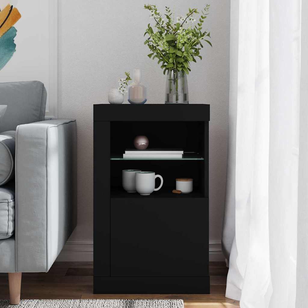 Armário de apoio com luzes LED derivados de madeira preto