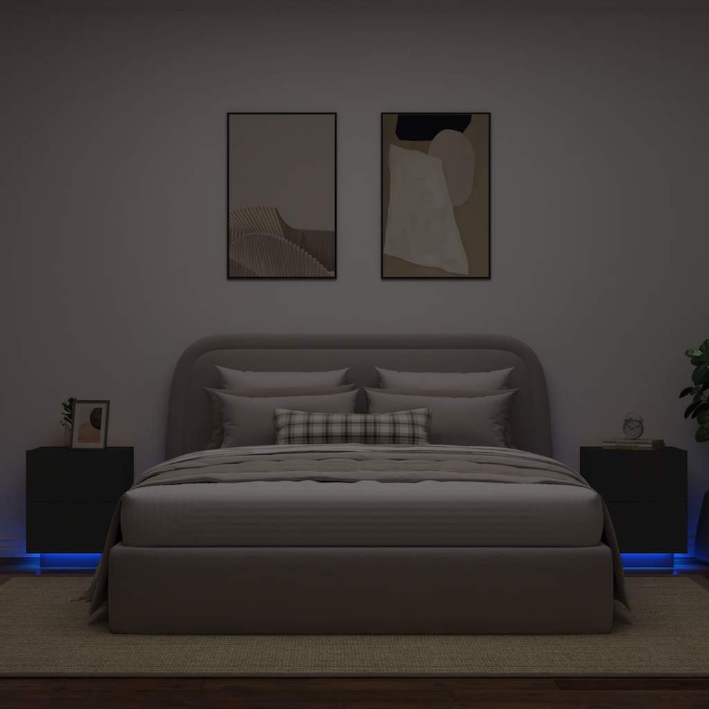 Mesas de cabeceira c/ luzes LED 2 pcs derivados madeira preto