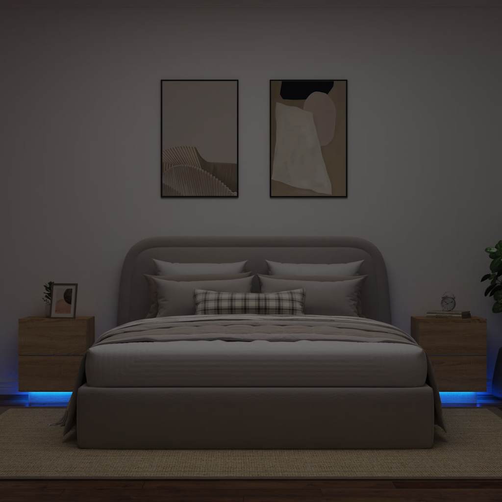 Mesas cabeceira c/ LEDs 2 pcs derivados madeira carvalho sonoma