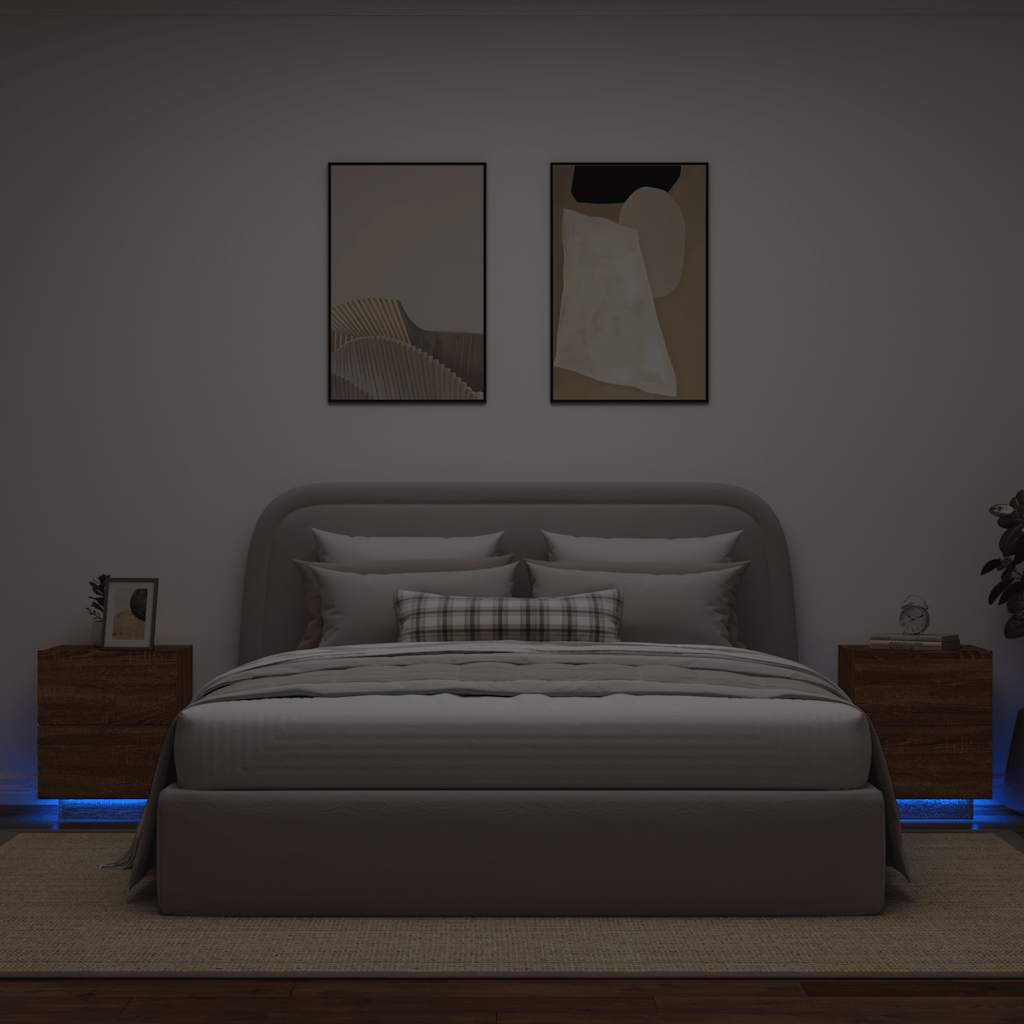 Mesas cabeceira LEDs 2 pcs derivados madeira carvalho castanho