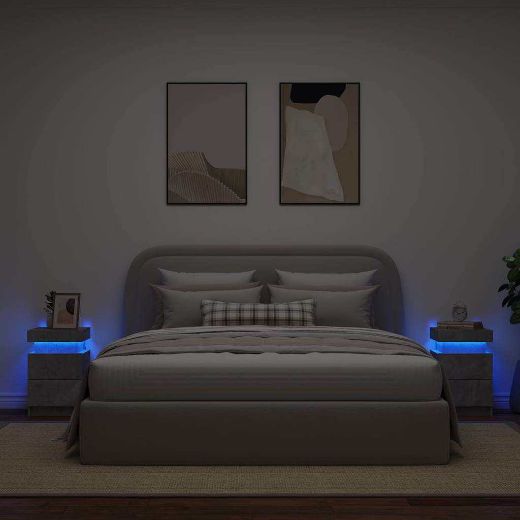 Mesas cabeceira c/ luzes LED 2 pcs 35x39x55 cm cinzento-cimento