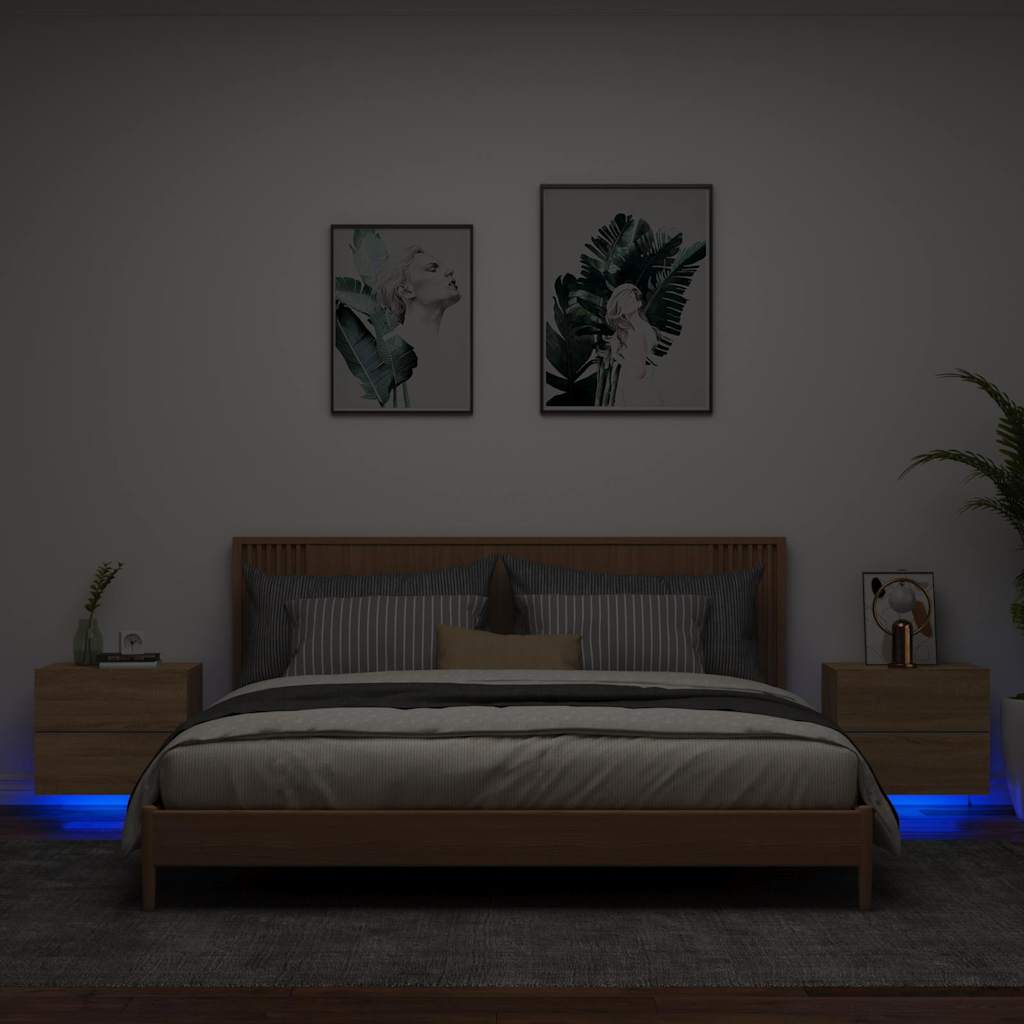 Mesas de cabeceira de parede com luzes LED 2pcs carvalho sonoma
