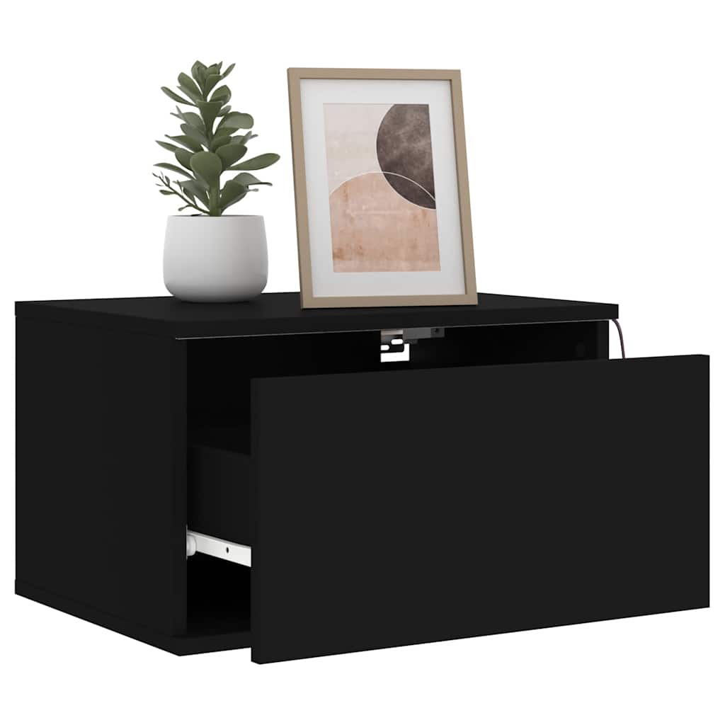Mesas de cabeceira de parede com luzes LED 2 pcs preto