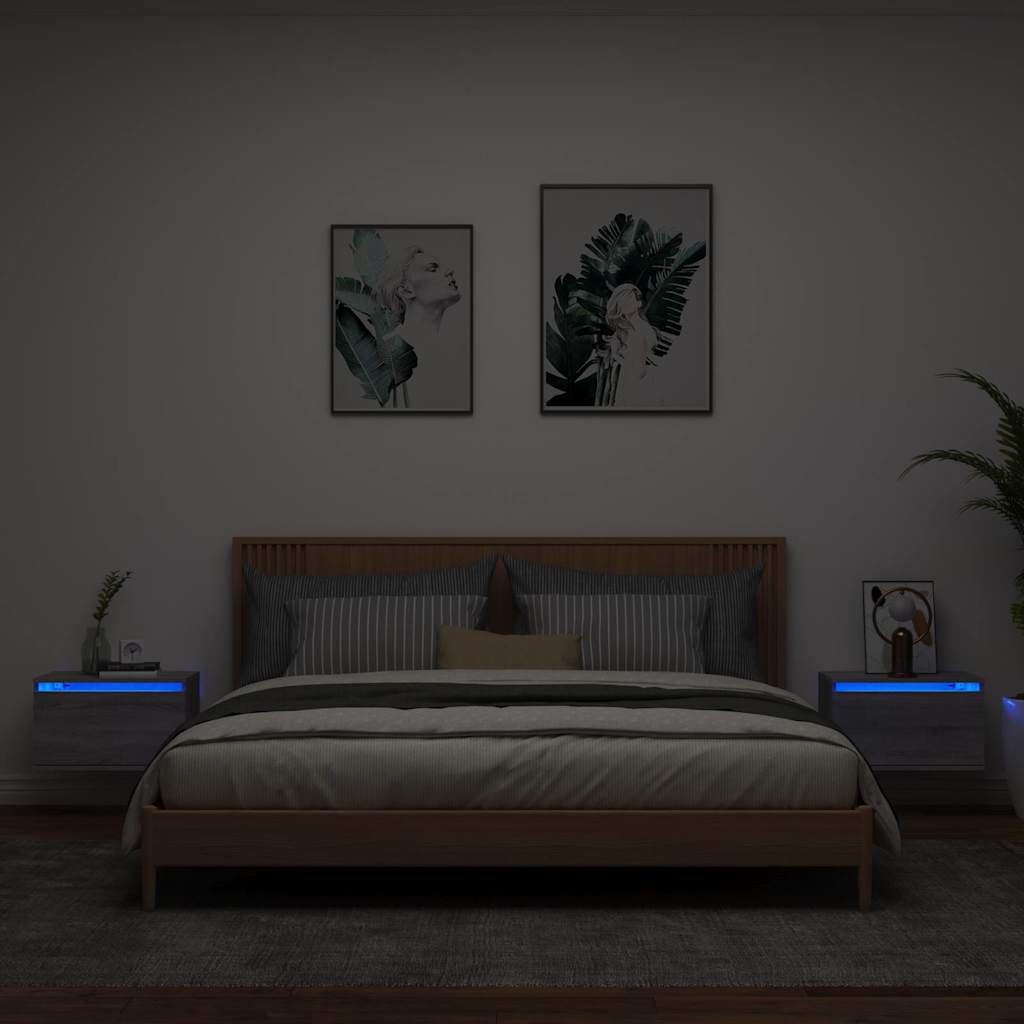 Mesas de cabeceira de parede com luzes LED 2pcs cinzento sonoma