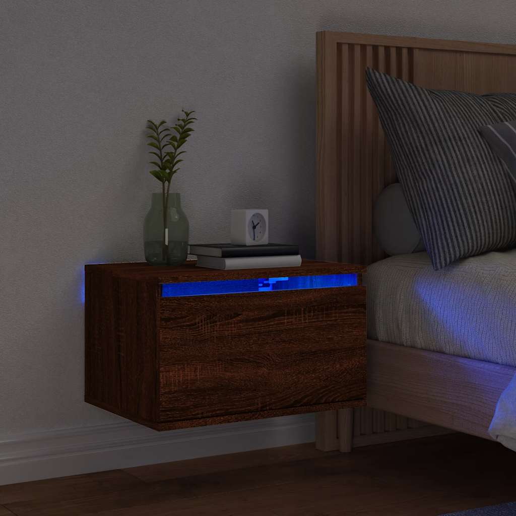 Mesa de cabeceira de parede com luzes LED carvalho castanho