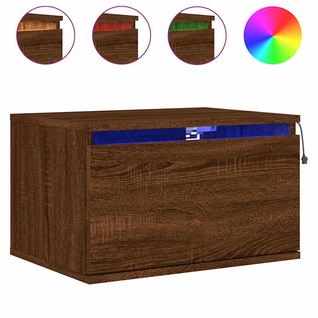 Mesas cabeceira de parede c/ luzes LED 2 pcs carvalho castanho