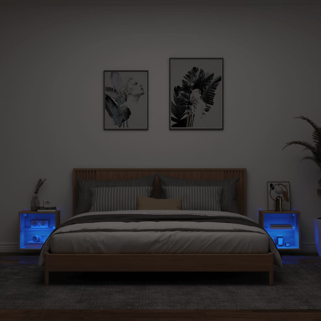 Mesas de cabeceira de parede c/ luzes LED 2 pcs carvalho sonoma