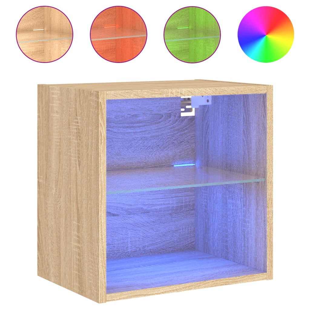 Mesas de cabeceira de parede c/ luzes LED 2 pcs carvalho sonoma
