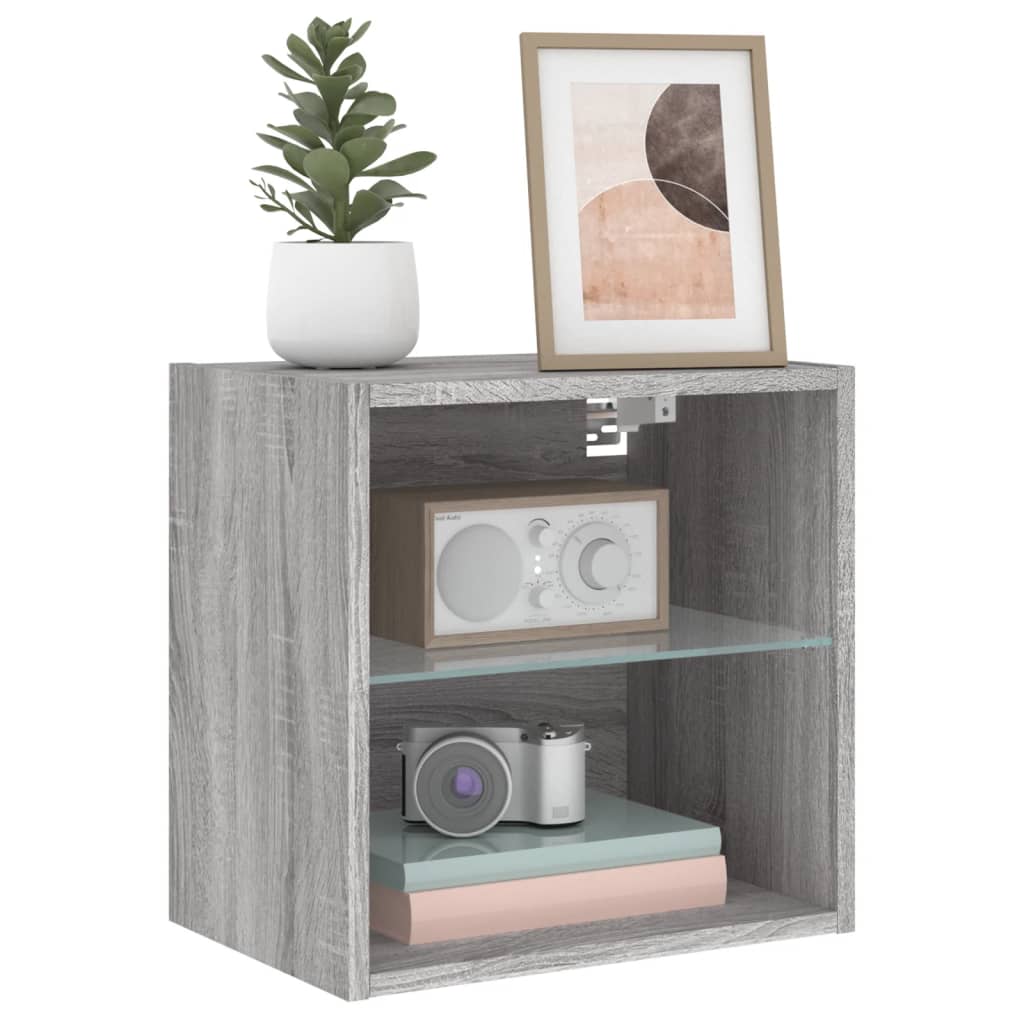 Mesa de cabeceira de parede com luzes LED cinzento sonoma