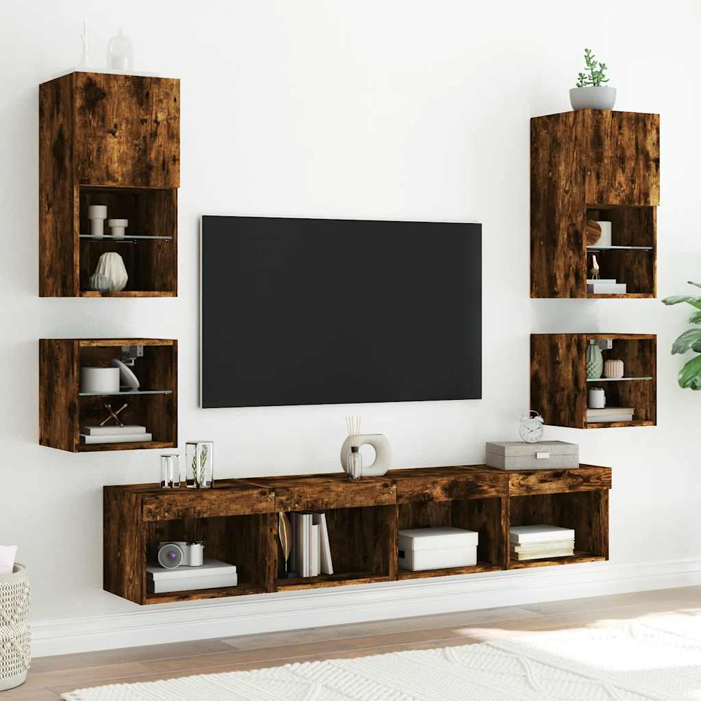 Mesa de cabeceira de parede com luzes LED carvalho fumado