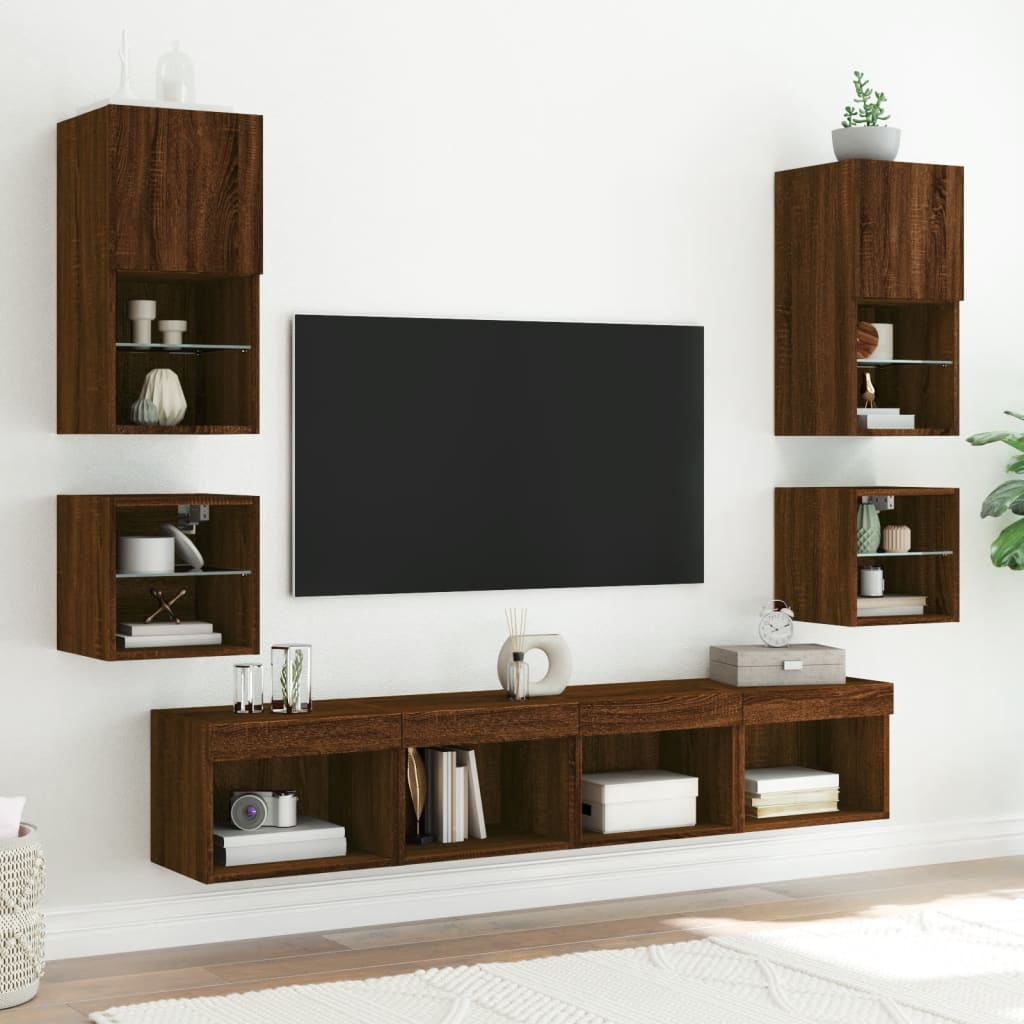 Mesa de cabeceira de parede com luzes LED carvalho castanho