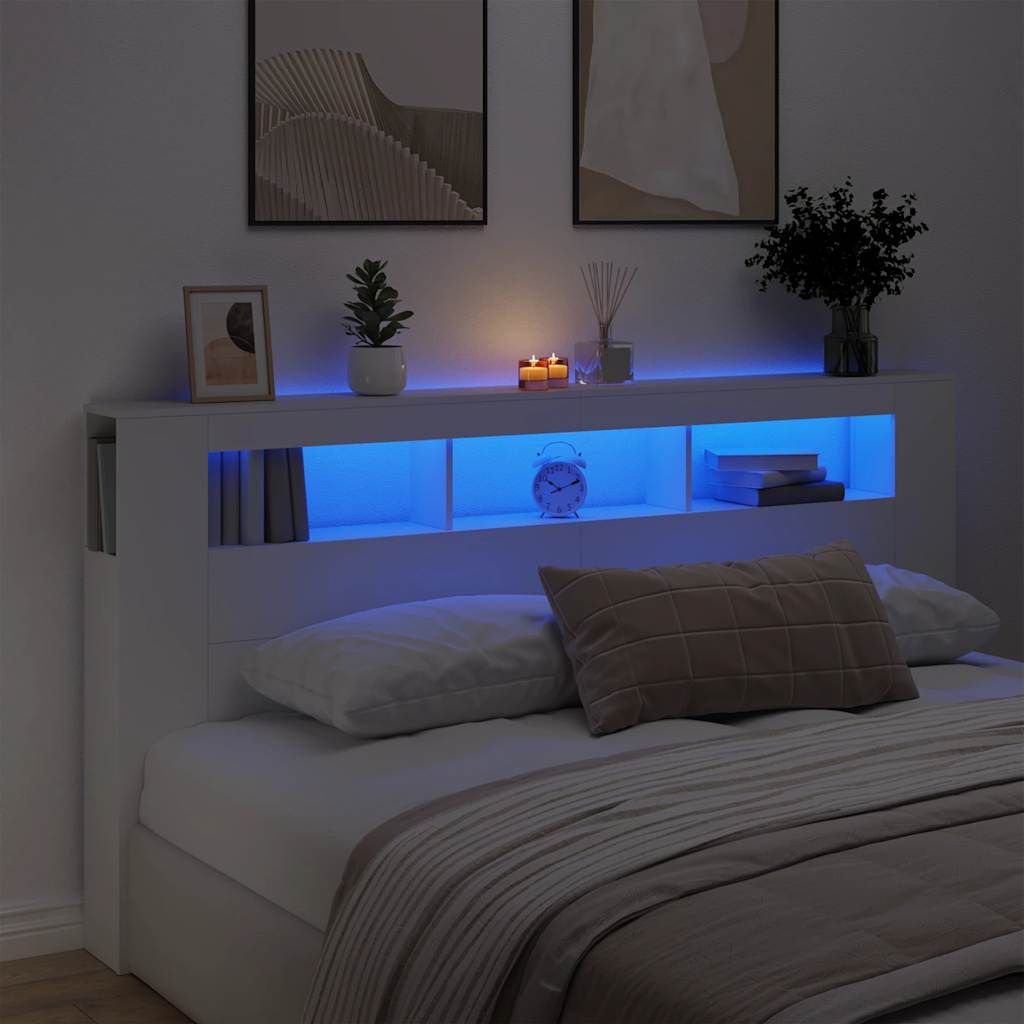 Cabeceira de cama com luzes LED derivados de madeira branco