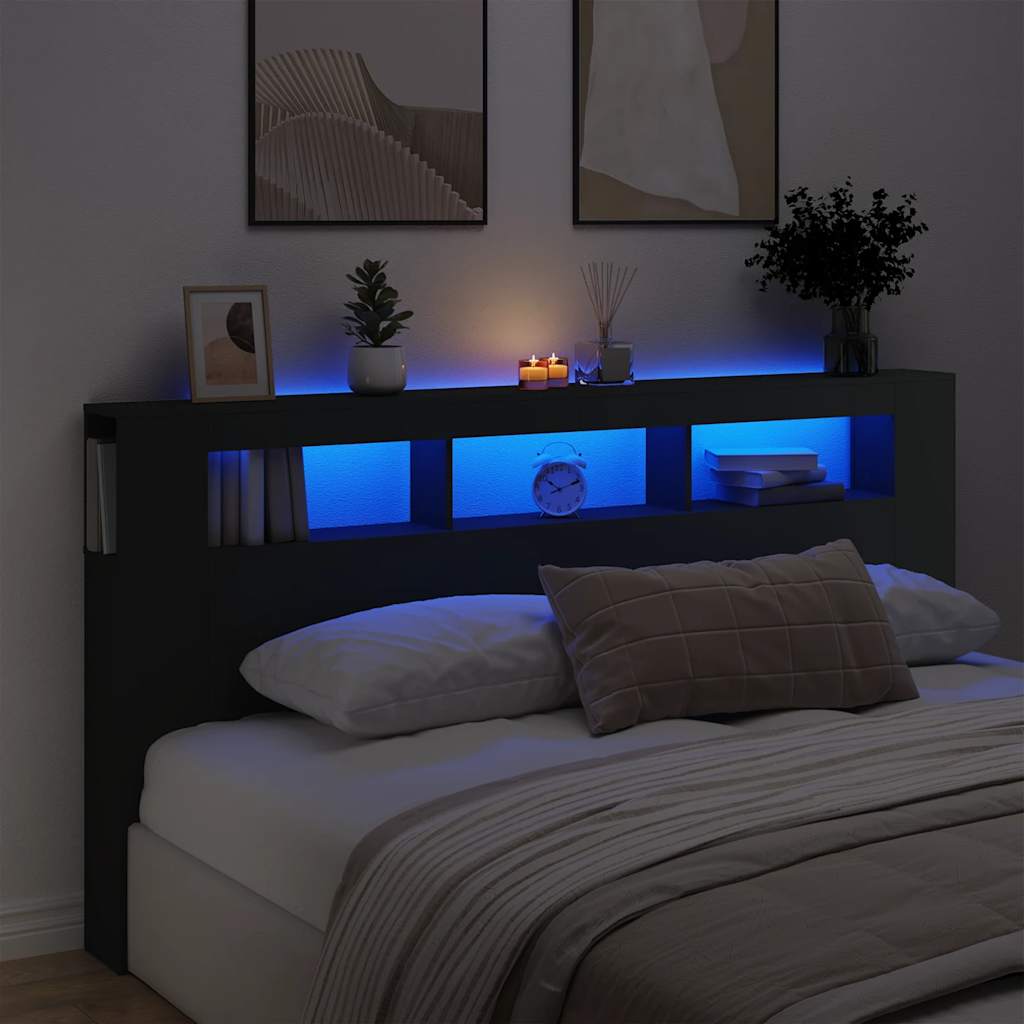 Cabeceira c/ LEDs 200x18,5x103,5 cm derivados de madeira preto
