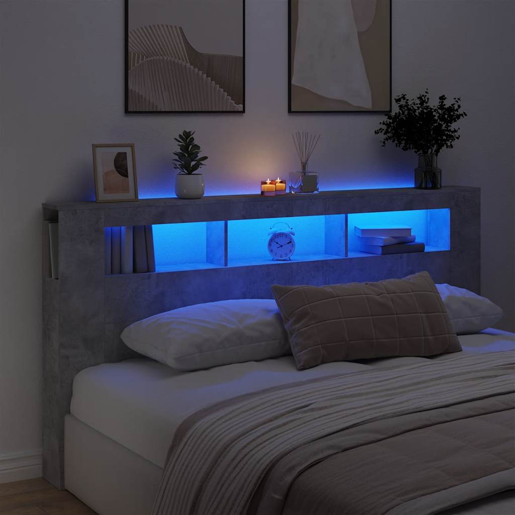 Cabeceira c/ LEDs 200x18,5x103,5cm deriv. madeira cinza cimento