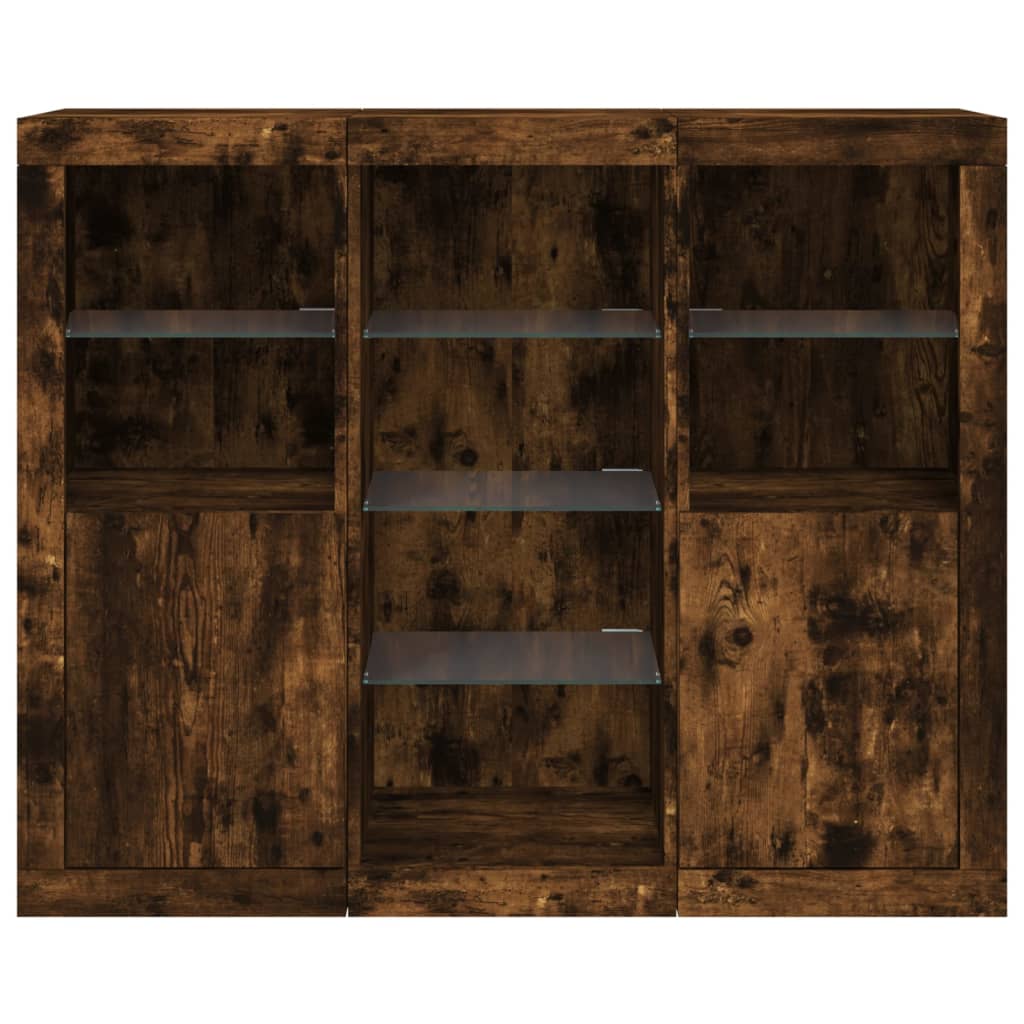 Aparadores c/ LEDs 3 pcs derivados de madeira carvalho fumado