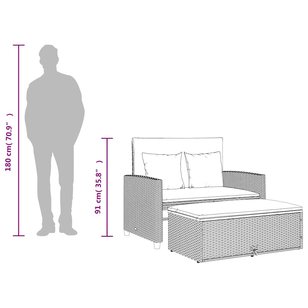 Sofá jardim c/ almofadões 2 lugares vime PE/acácia maciça cinza