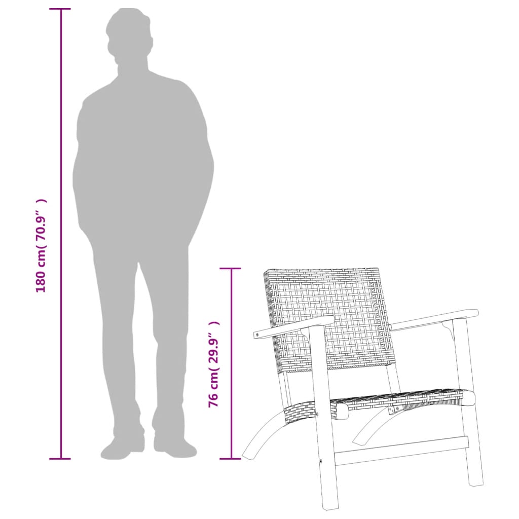 3 pcs conjunto de bistrô vime PE/madeira de acácia maciça preto