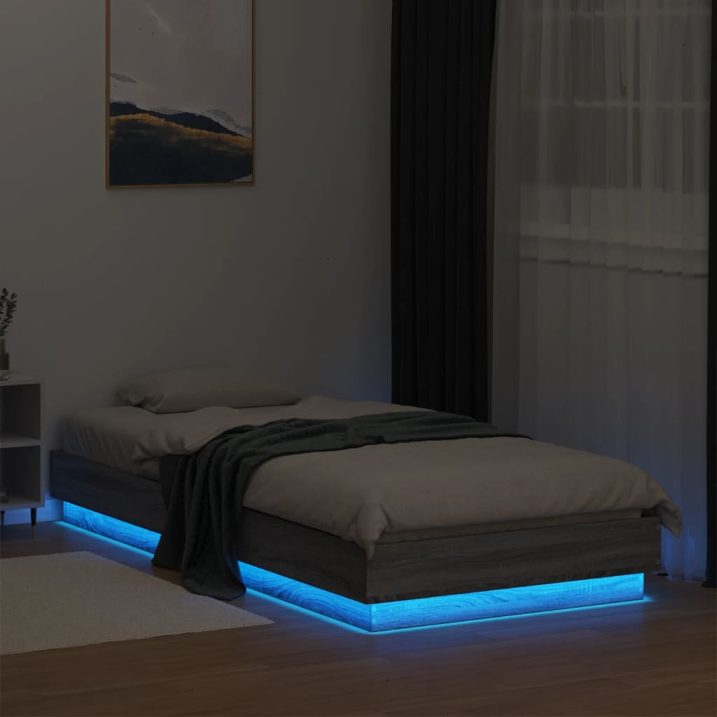 Estrutura de cama com luzes LED 100x200 cm cinzento sonoma