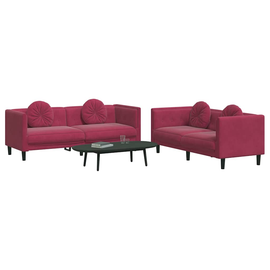 2 pcs conjunto de sofás com almofadas veludo vermelho-tinto