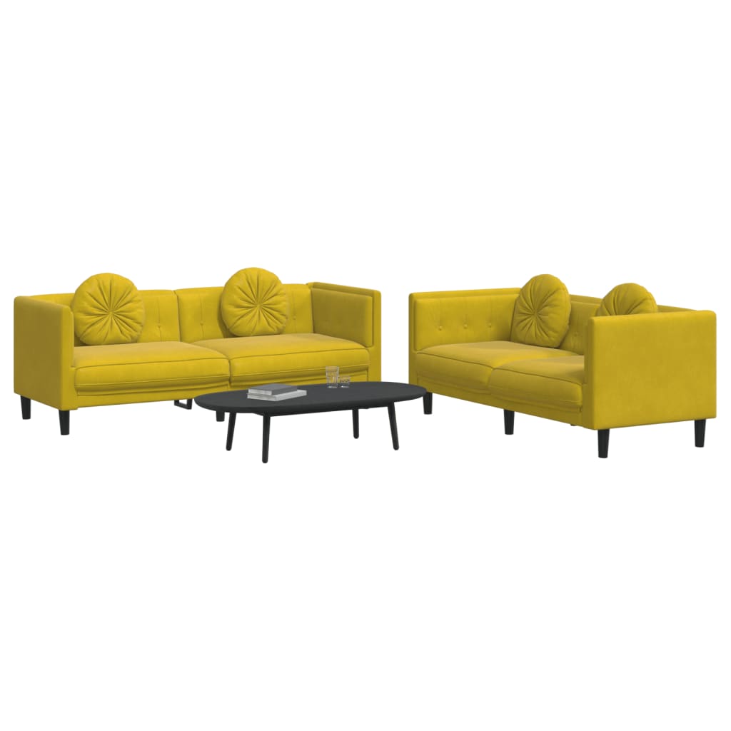 2 pcs conjunto de sofás com almofadas veludo amarelo