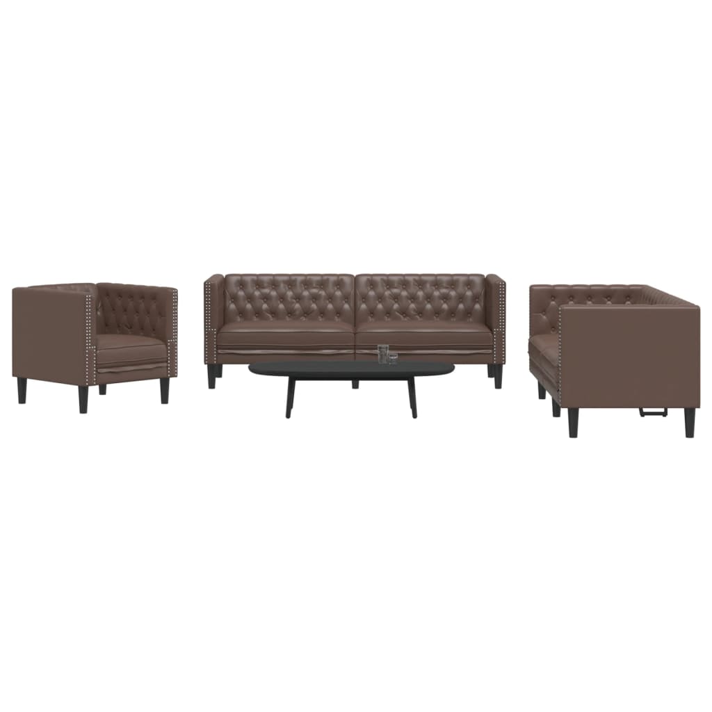 3 pcs conjunto de sofás chesterfield couro artificial castanho