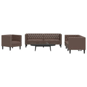 3 pcs conjunto de sofás chesterfield couro artificial castanho