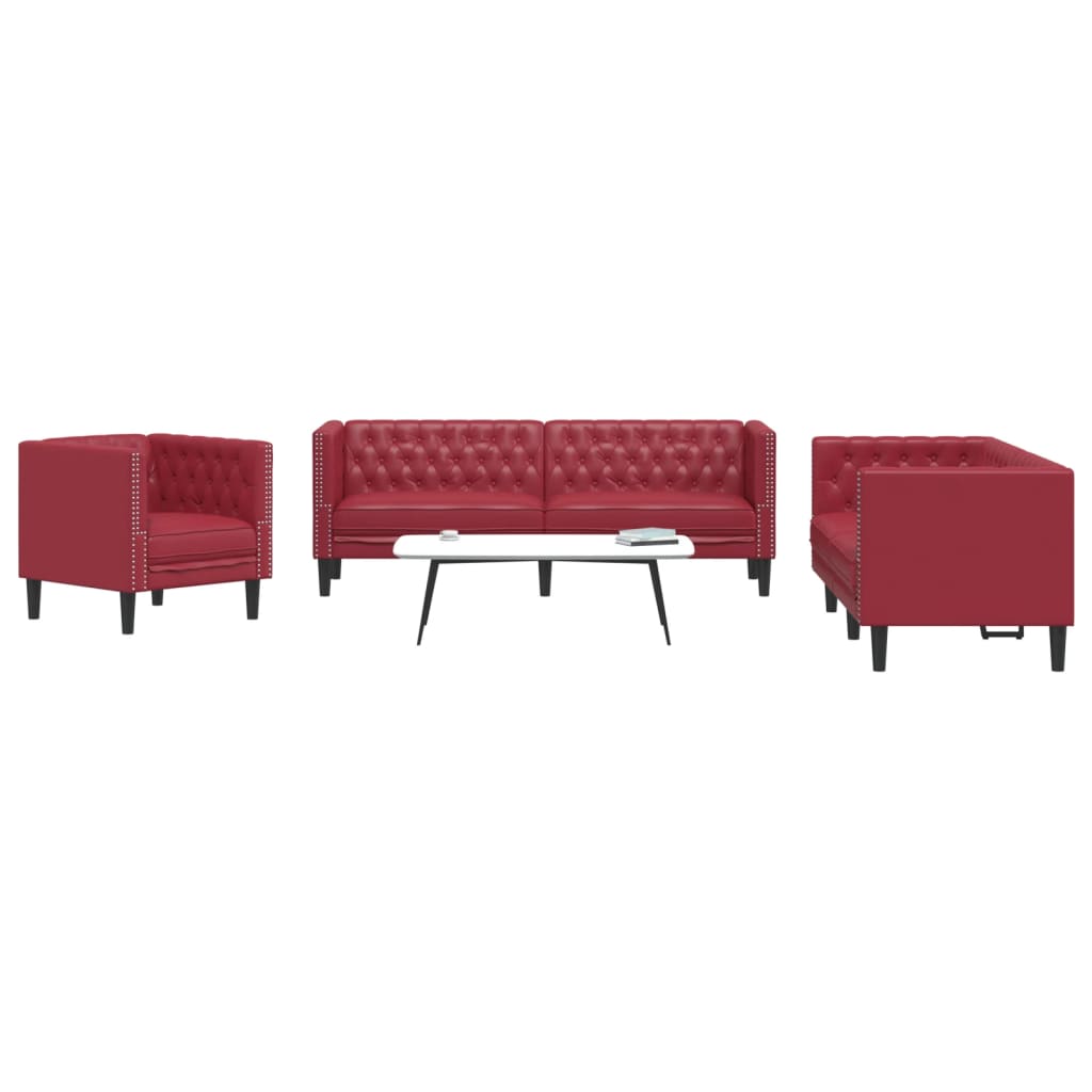3 pcs conj. de sofás chesterfield couro artif. vermelho tinto