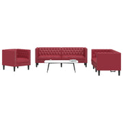 3 pcs conj. de sofás chesterfield couro artif. vermelho tinto