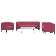 3 pcs conj. sofás chesterfield com rolos veludo vermelho-tinto