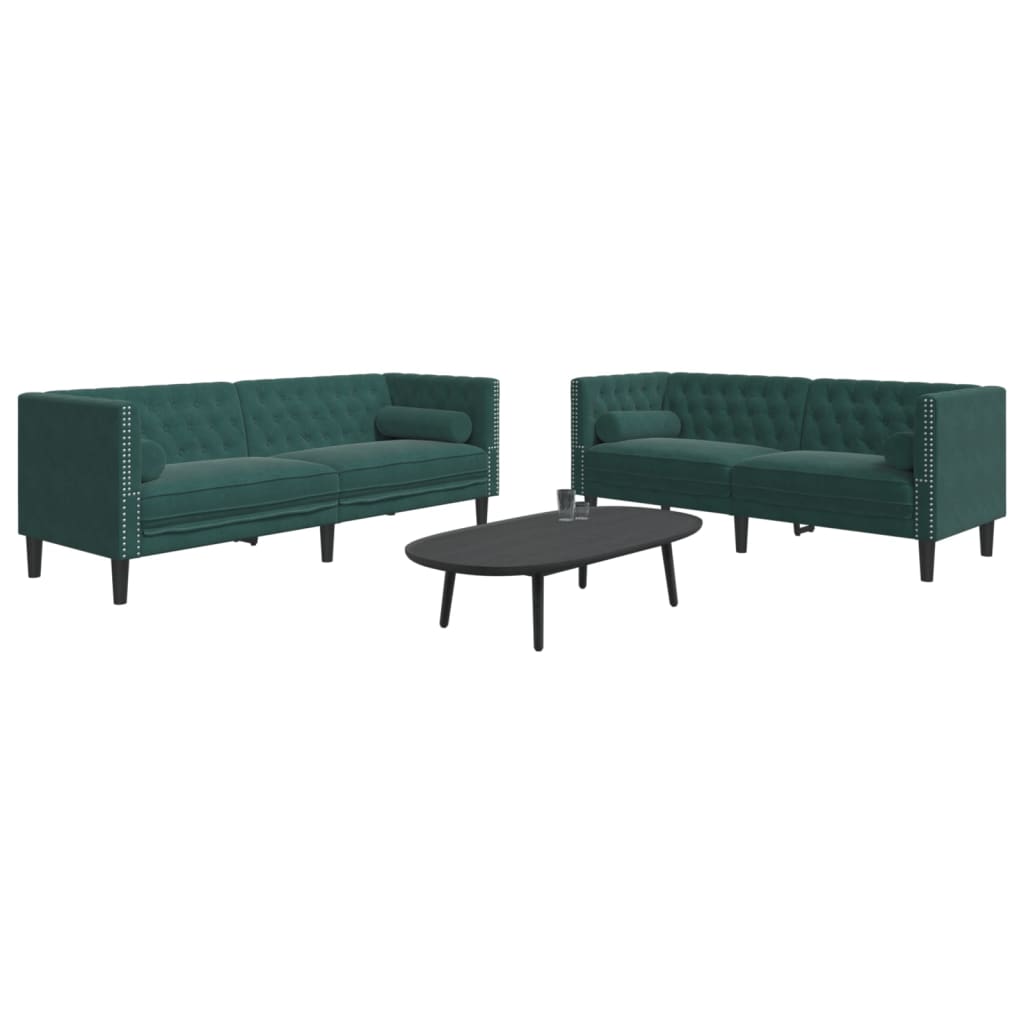 2 pcs conj. de sofás chesterfield com rolos veludo verde-escuro