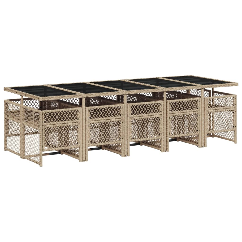 11 pcs conjunto de jantar p/ jardim com almofadões vime PE bege