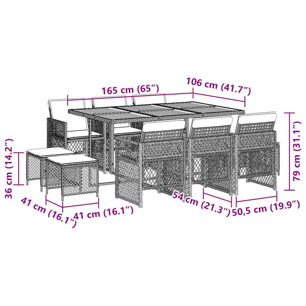 11 pcs conjunto de jantar p/ jardim com almofadões vime PE bege