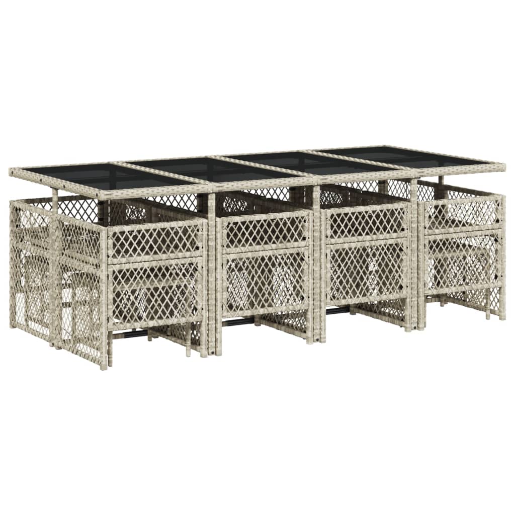 13 pcs conj. jantar jardim c/ almofadões vime PE cinzento-claro