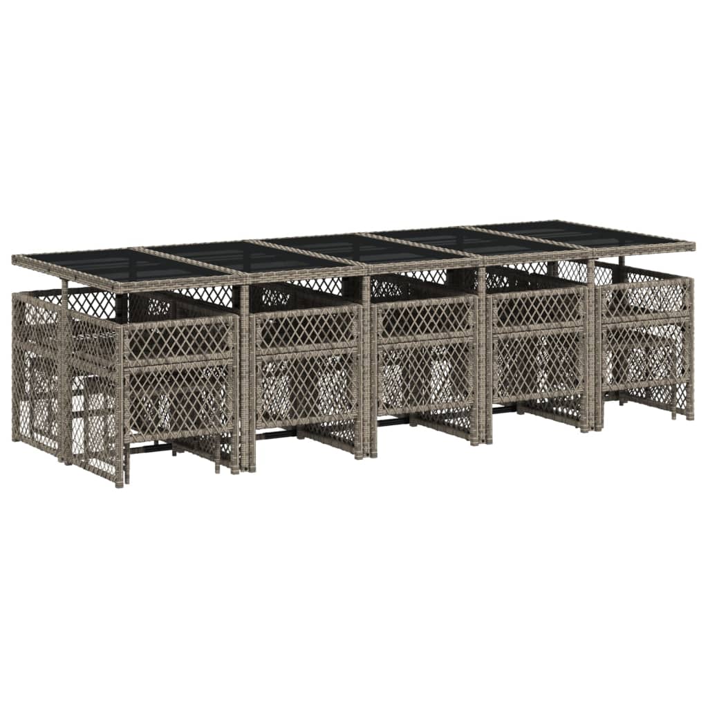 15 pcs conjunto jantar p/ jardim c/ almofadões vime PE cinzento