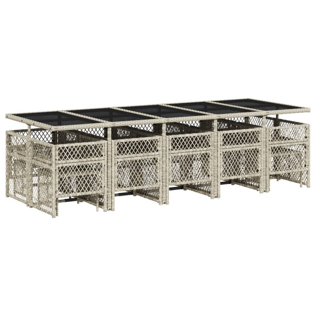 15 pcs conj. jantar jardim c/ almofadões vime PE cinzento-claro