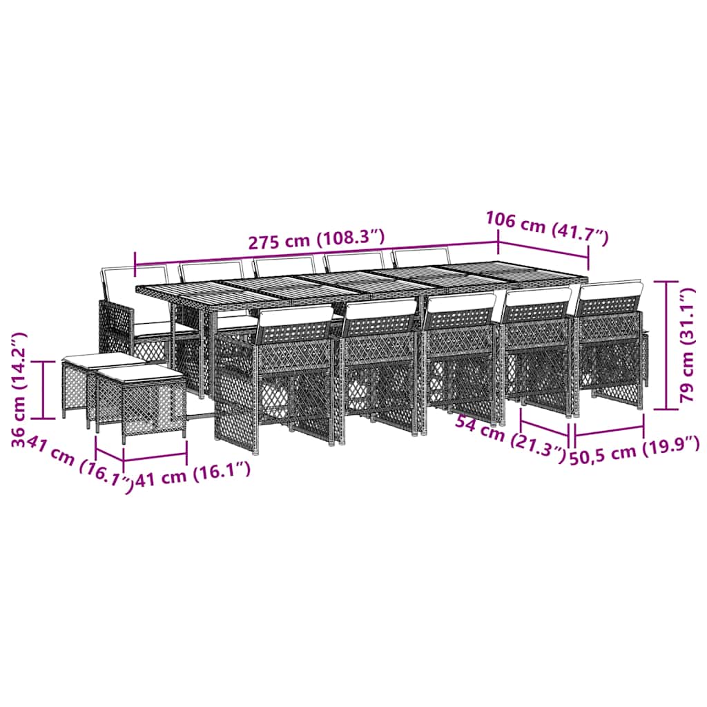 15 pcs conjunto de jantar p/ jardim com almofadões vime PE bege