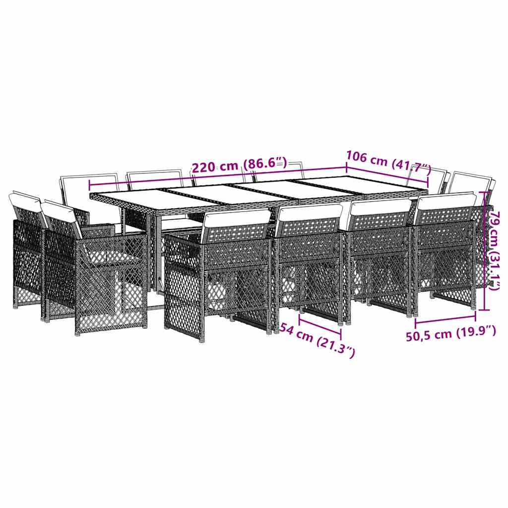 13 pcs conj. jantar jardim c/ almofadões vime PE bege misturado