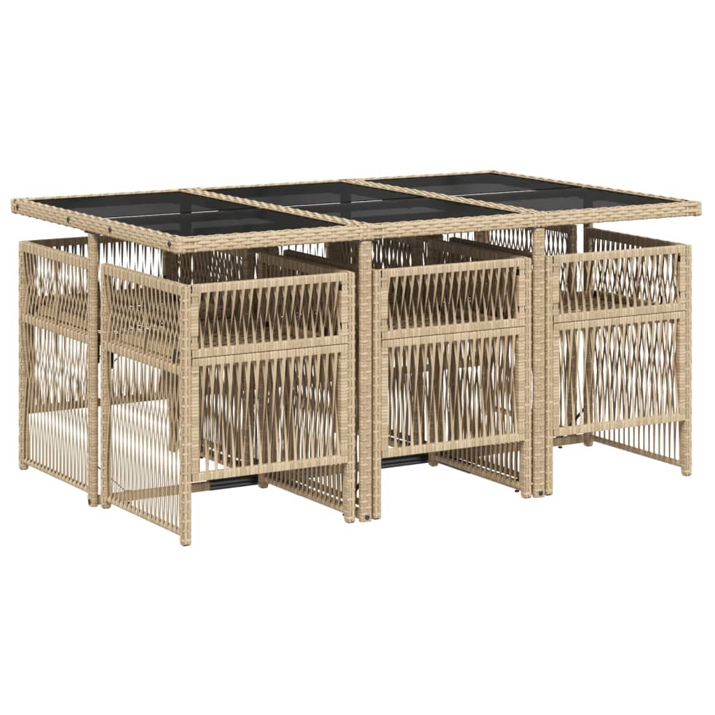 7 pcs conjunto de jantar p/ jardim com almofadões vime PE bege