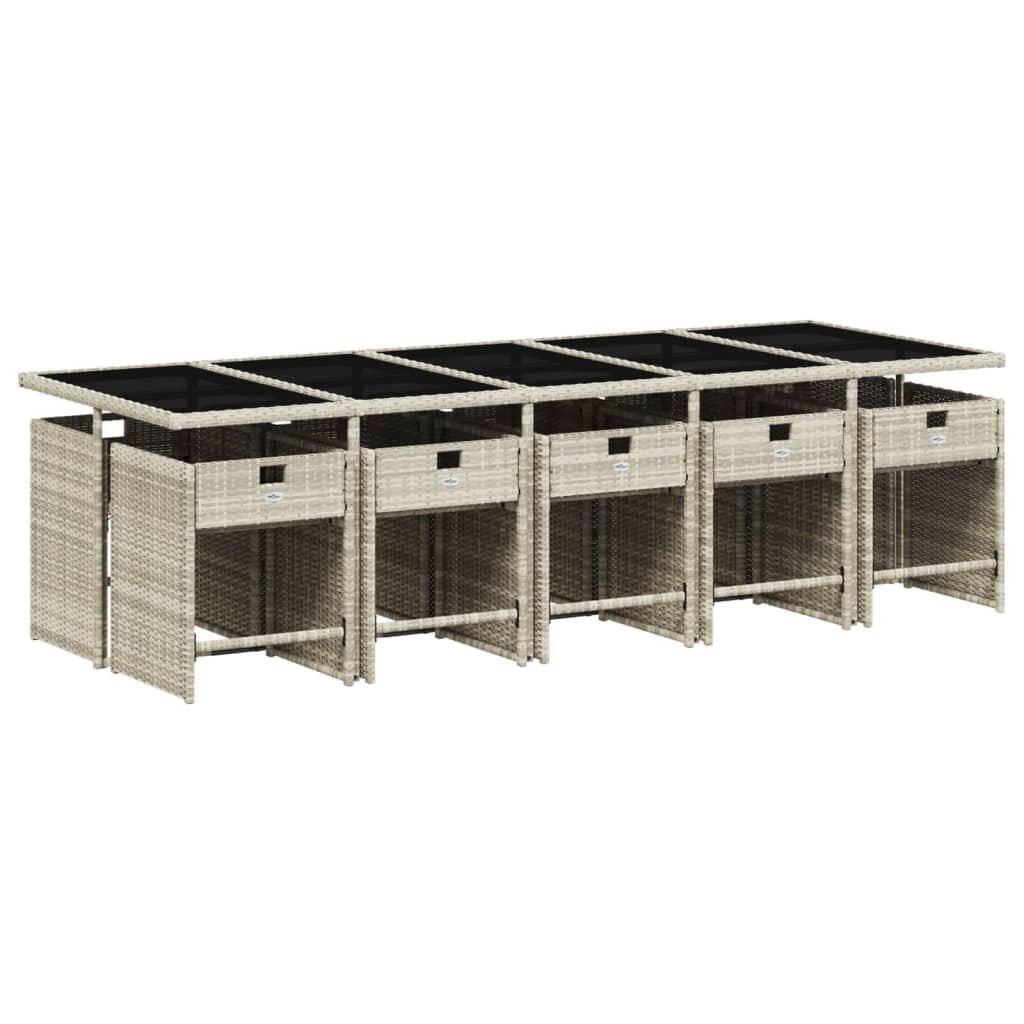 11 pcs conjunto jantar p/ jardim c/ almofadões vime PE cinzento