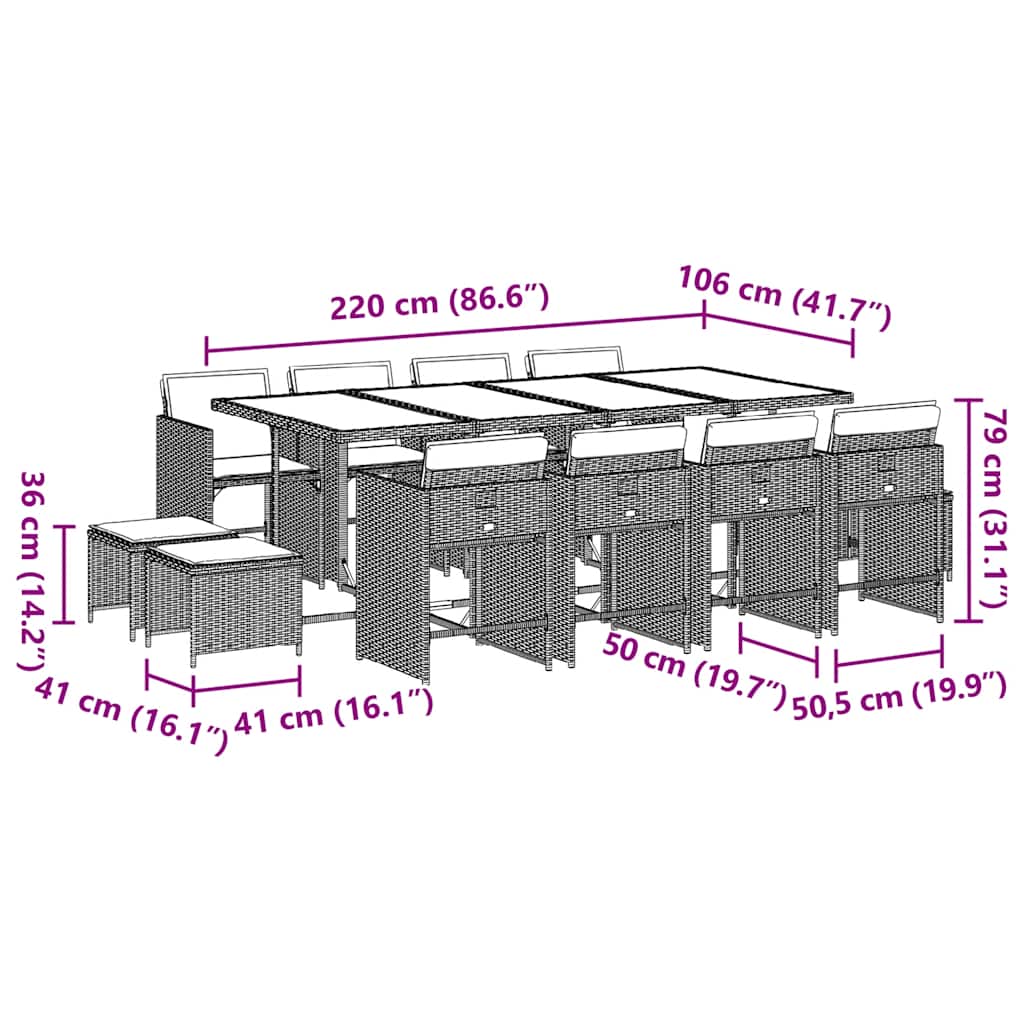 13 pcs conj. jantar jardim c/ almofadões vime PE cinzento-claro