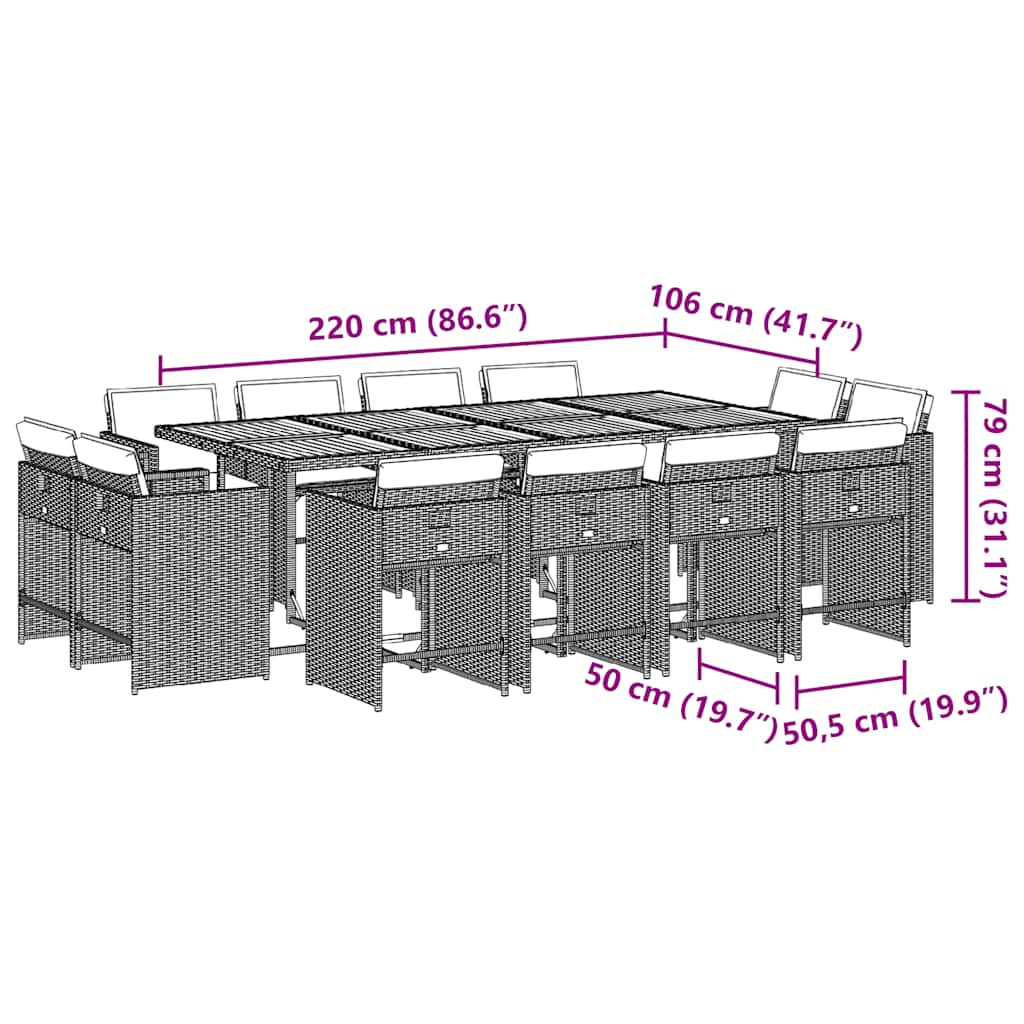 13 pcs conj. jantar jardim c/ almofadões vime PE cinzento-claro