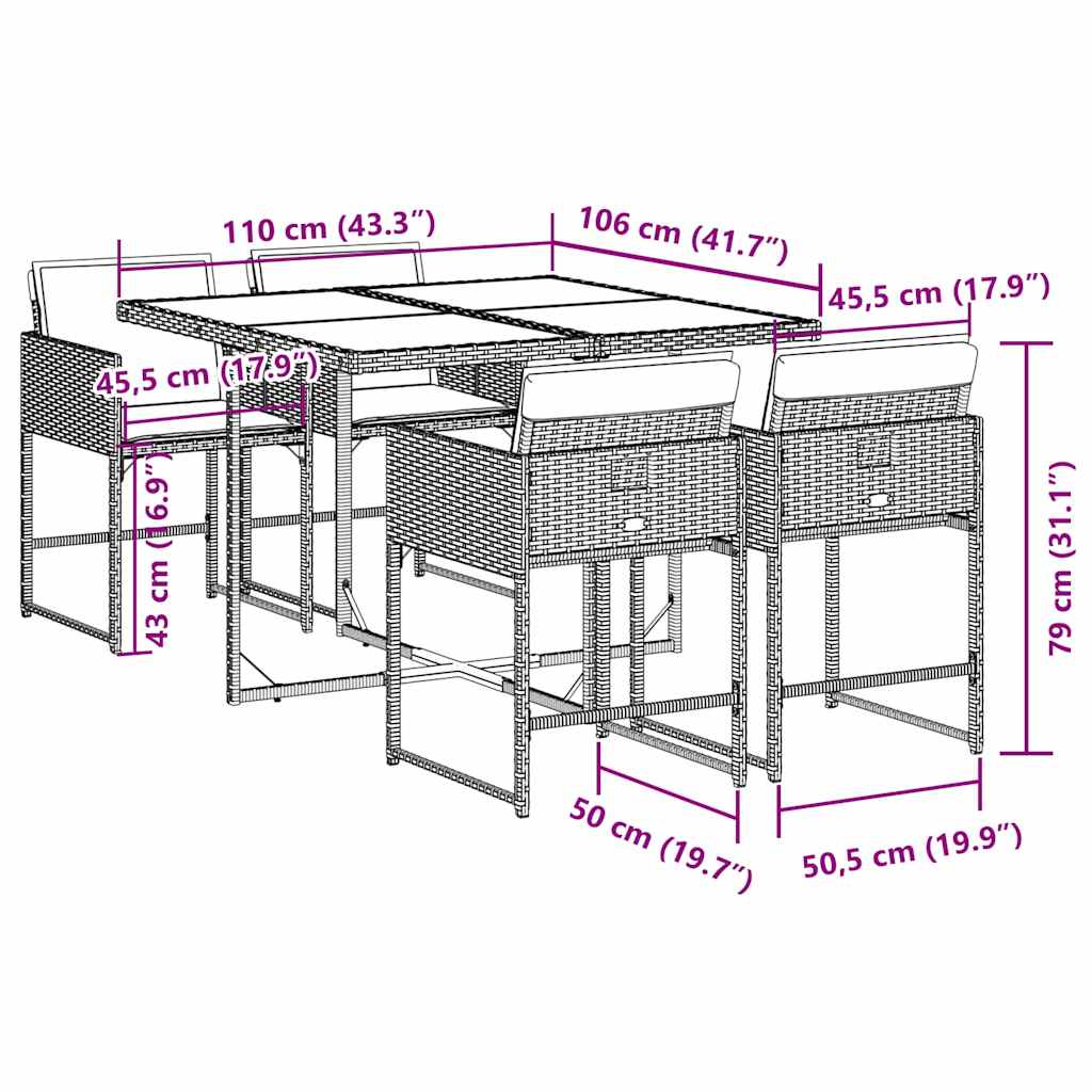 5 pcs conjunto de jantar p/ jardim c/ almofadões vime PE cinza