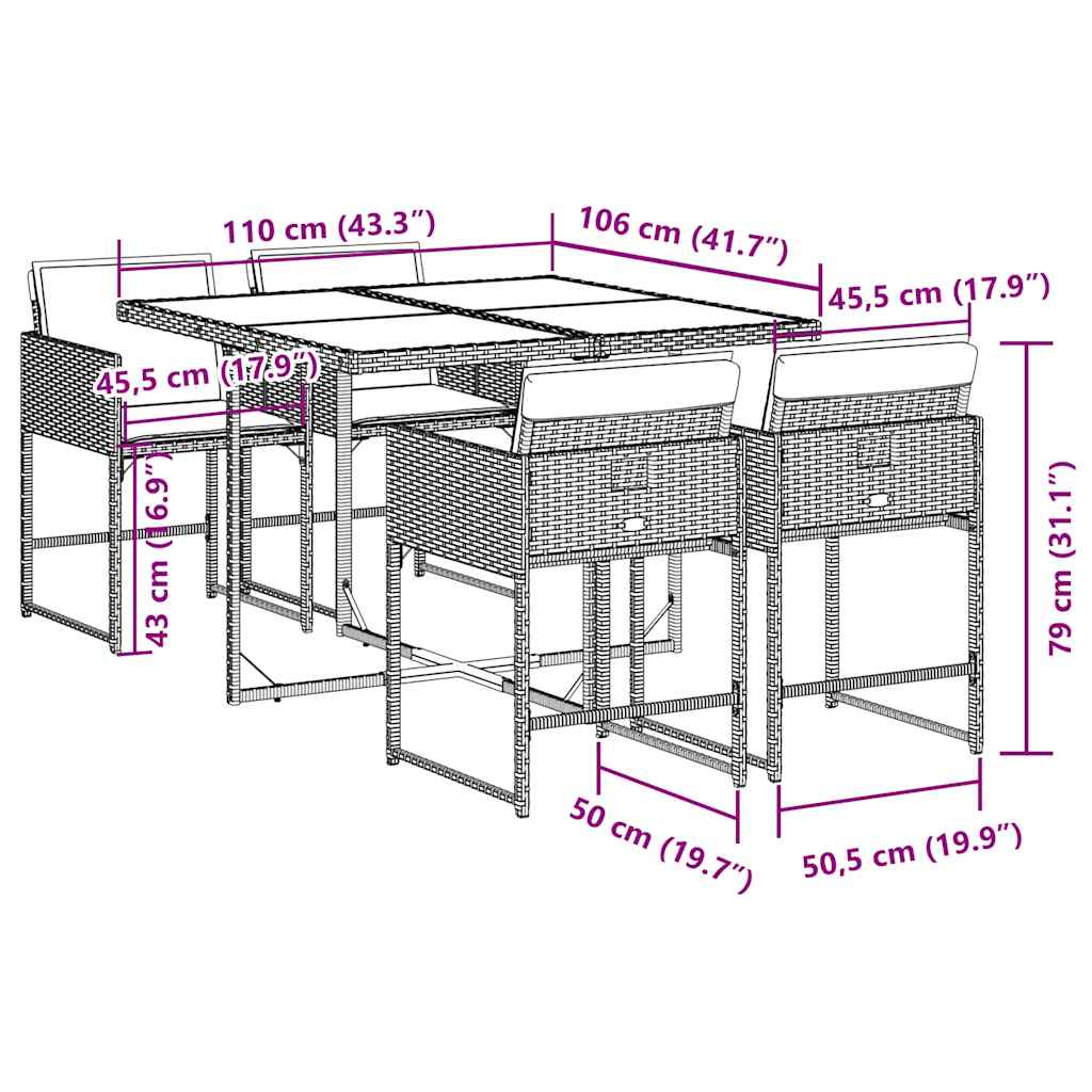 5 pcs conjunto de jantar p/ jardim c/ almofadões vime PE preto