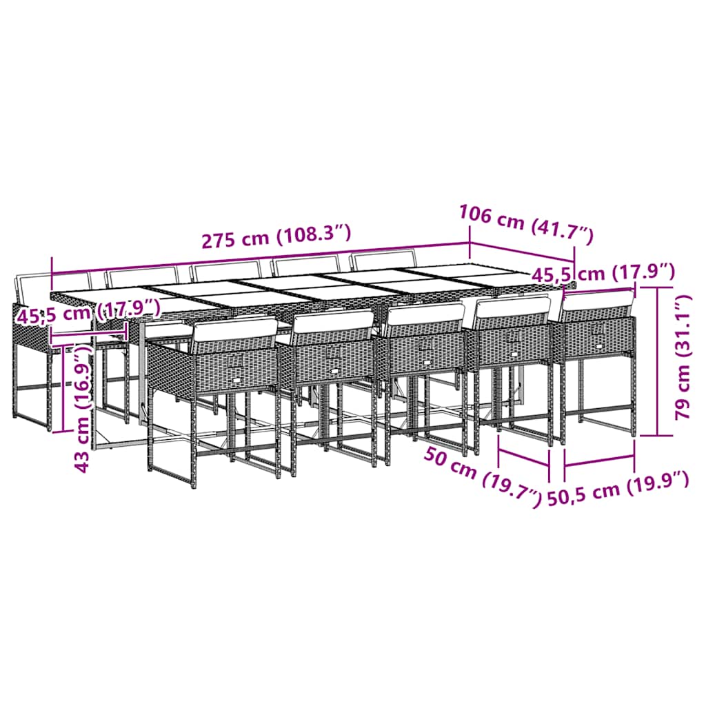 11 pcs conjunto jantar p/ jardim c/ almofadões vime PE cinzento