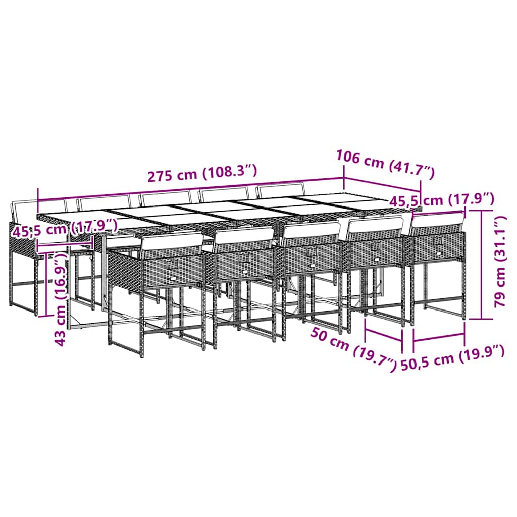 11 pcs conjunto jantar p/ jardim c/ almofadões vime PE cinzento